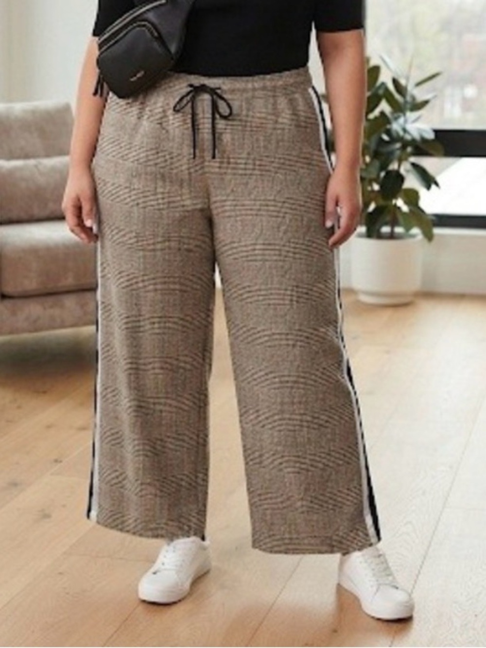 Nine West Wide Leg Plaid Pant Brown Black Side Stripe Drawstring 1X Sporty Chic